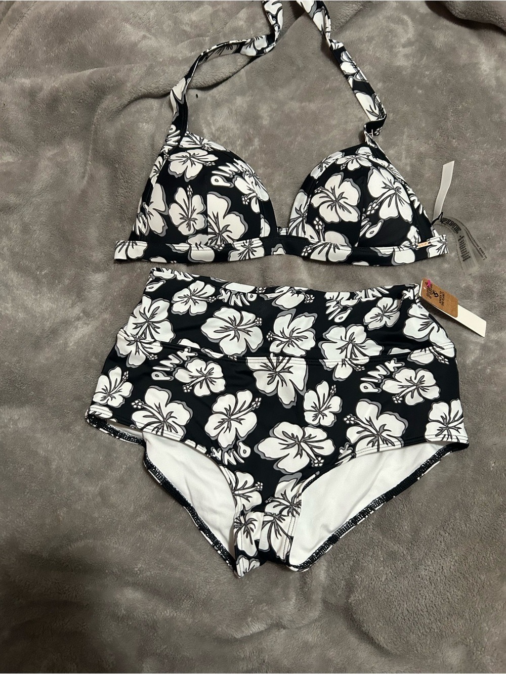 PINK Black & White Floral High-Waist Boyshorts with Bikini Top. Matching Shorts